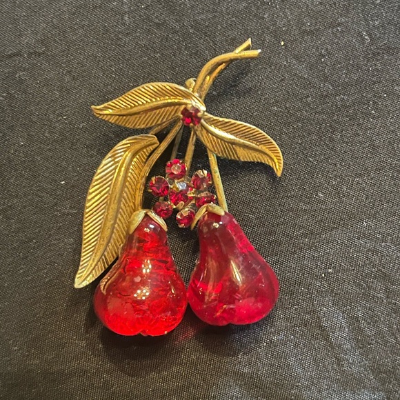 Jewelry - Vintage Red Glossy Pear Austrian Fruit Brooch with Red Rhinestones